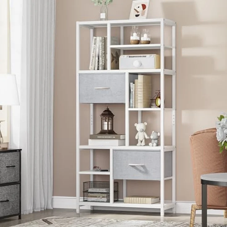 YITAHOME Bücherregal mit Schubladen, 7-stöckiges Standregal mit Stahlrahmen, Bodenstehendes Lagerregal, Industrieregal Aufbewahrungsregal, für Wohnzimmer, Büro, Flur, Küche, Weiß Regal – Bild 5