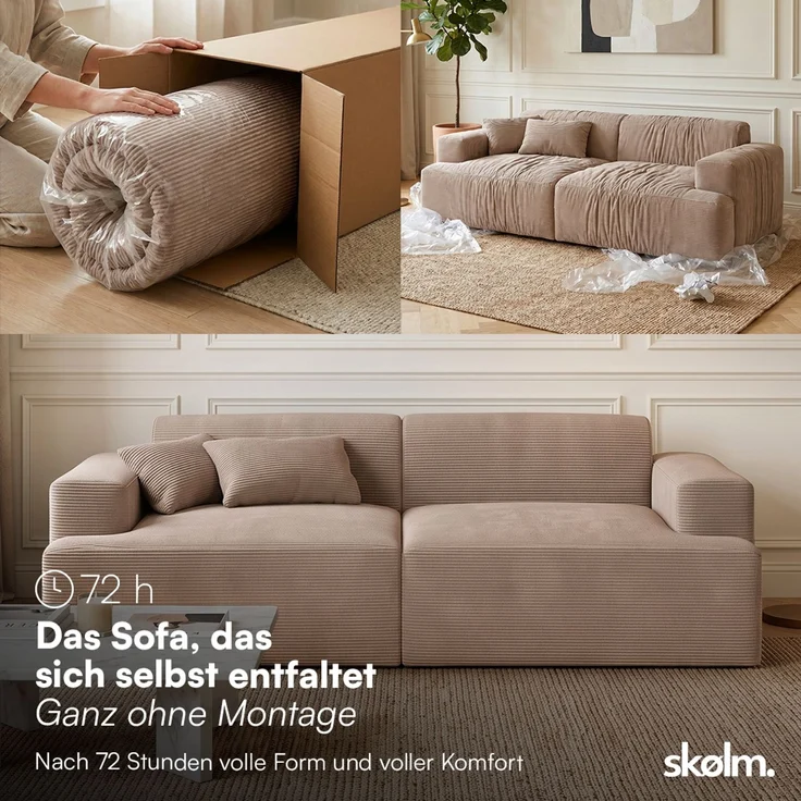 skølm 'Freki' Cloud Sofa 2 Sitzer, Vollschaumcouch mit Federkern und Vakuum-Kompression, kein Aufbau erforderlich, mit 2 Kissen, Cord taupe – Bild 3