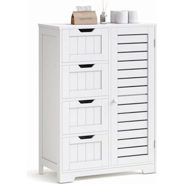 Mondeer Badkommode Badezimmerschrank (Moderne Shutter Design), mit 4 Schubladen 1 Tür,56 x 30 x 82,5cm, Weiß – Bild 2