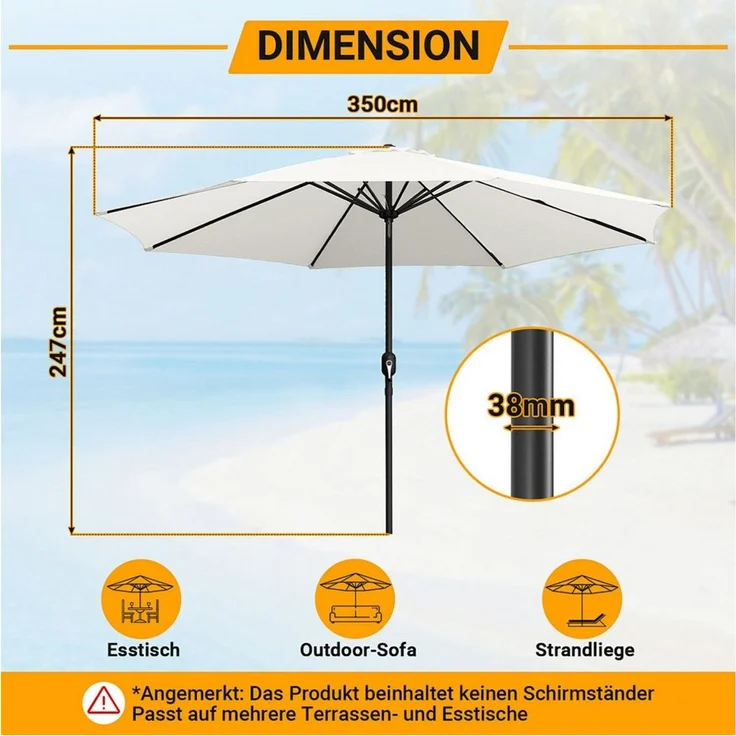 Clanmacy Sonnenschirm Sonnenschirm Ø350 cm Balkonschirm Gartenschirm UV50+ ohne Knick Beige, LxB: 350x350 cm, Stabiler knickbar/für Garten, Balkon, Terasse/Sonnenschutz – Bild 1
