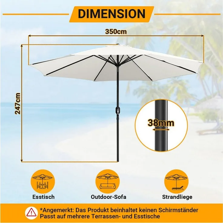 Clanmacy Sonnenschirm Sonnenschirm Ø350 cm Balkonschirm Gartenschirm UV50+ ohne Knick Beige, LxB: 350x350 cm, Stabiler knickbar/für Garten, Balkon, Terasse/Sonnenschutz