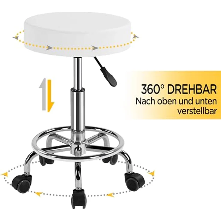 Yaheetech Rollhocker Höhenverstellbar 50,5–65 cm Sitzhöhe Drehhocker 360° Drehbar Bürohocker bis 120 kg Arbeitshocker mit Rollen Hocker Weiß – Bild 10