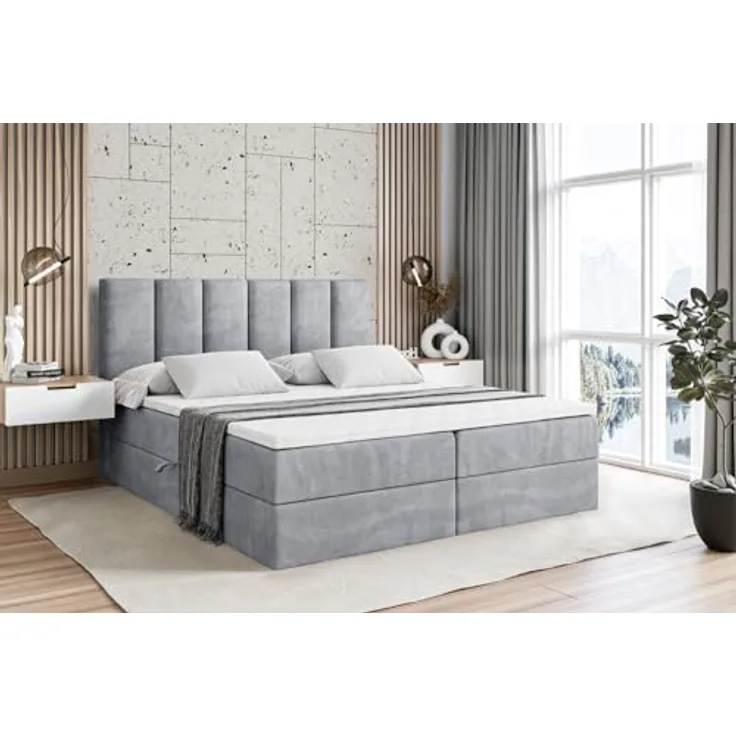 ALTDECOR Boxbett, Hellgrau, 180x200 cm, mit Bettkästen und Topper, mittlere Härte H3, 20 cm hoch, für Schlafzimmer