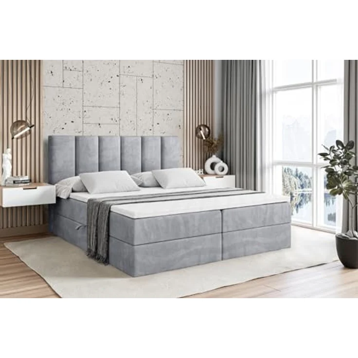 ALTDECOR Boxbett, Hellgrau, 180x200 cm, mit Bettkästen und Topper, mittlere Härte H3, 20 cm hoch, für Schlafzimmer – Bild 1