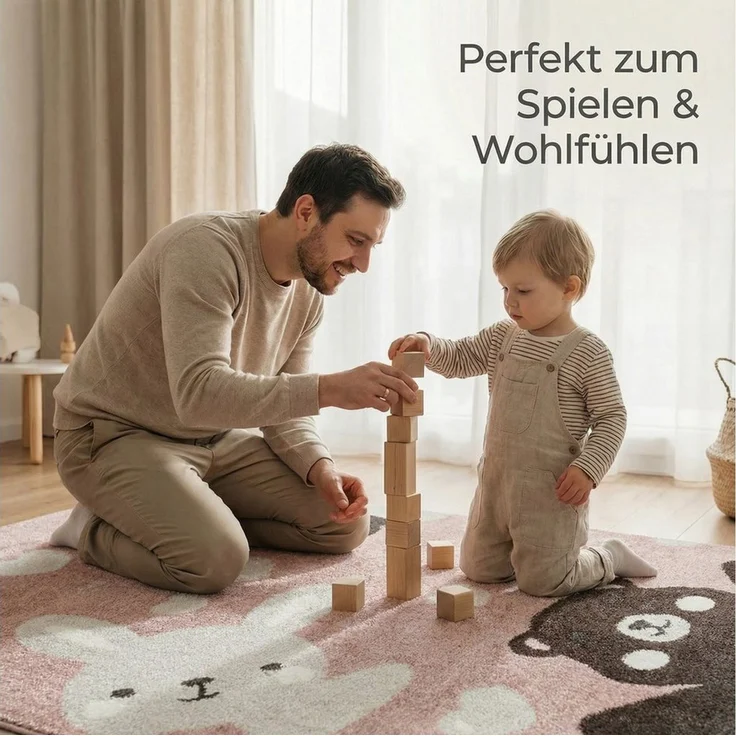 Jimri Teppich Kinderzimmer - Teppiche für Kinderzimmer, Kinderteppich, Kinderteppich Mädchen, Bär, Hase, Panda, Herz, (Hellrosa, Größe: 80x150 cm) – Bild 3