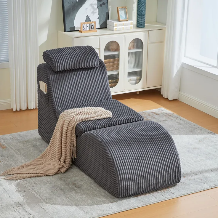 Freizeit-Sessel, Cord mit Seitentasche & ergonomischer Form, 160x66x90 cm, Dunkelgrau
