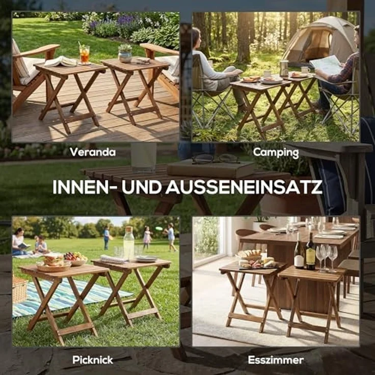 Outsunny Gartentisch Beistelltisch Outdoor, 2er-Set klappbrer Holztisch aus Holz (Campingtisch, 2-St, Klapptisch), für Garten, Balkon, Teak, 45 x 45 x 45 cm – Bild 6