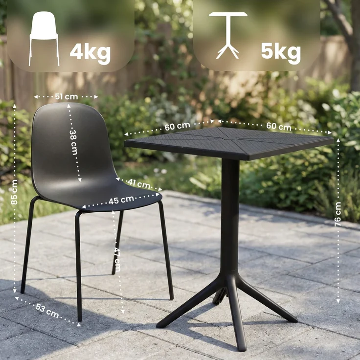Gartenmöbel-Set IDA mit 2 Stühlen - 166x60x85cm, Kunststoff, Schwarz | Balkonset Gartenset Tisch mit Stühlen Bistroset Outdoor – Bild 2