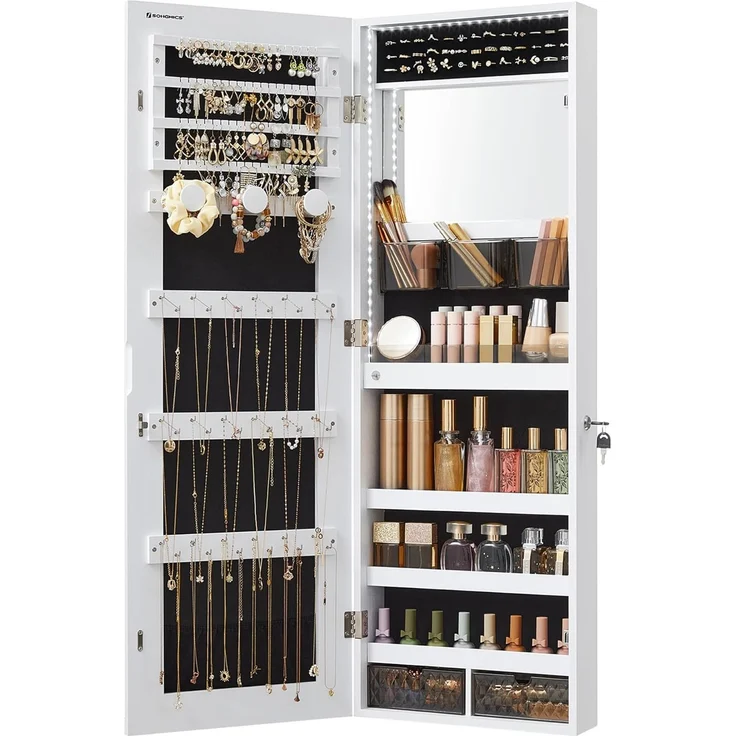 Schmuckschrank-Organizer mit LED-Leuchten, abschließbarer Wandschrank mit Ganzkörperspiegel, eingebautem Schminkspiegel