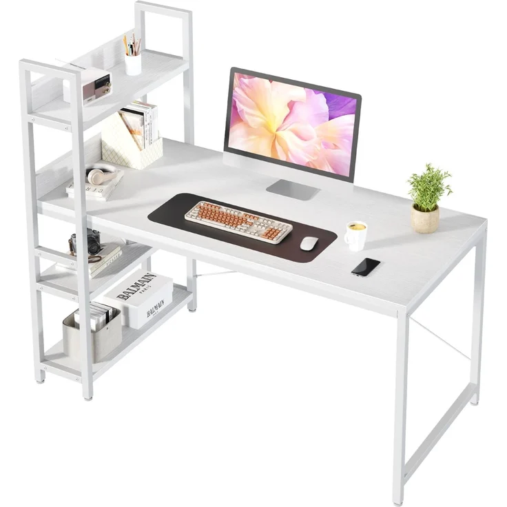 Sweetcrispy Schreibtisch mit Seitlichem Regal & Verstellbaren Füßen, 120 cm breiter Bürotisch, Starker Computertisch mit Ablagefläche, Einfacher Montage, Weiß