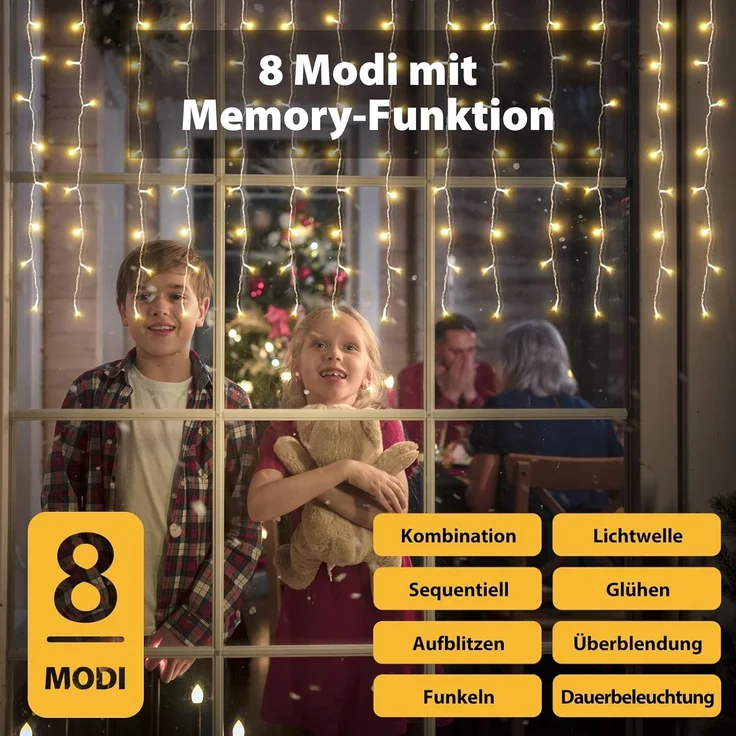 SALCAR 6x1 m Eisregen LED Lichtervorhang Außen Innen, 300er LED Lichterkette Fenster Weihnachten, Weihnachtsbeleuchtung Hängend mit 9 Modi und Memory-Funktion, Warmweiß – Bild 2