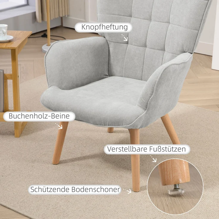 Ohrensessel mit Hocker, Relaxsessel, Polstersessel in Cord-Optik, Loungesessel, Armlehnstuhl mit Holzbeine, Fernsehsessel für Wohnzimmer, Grau--Herde--80x72x101cm--YOUDENOVA – Bild 5
