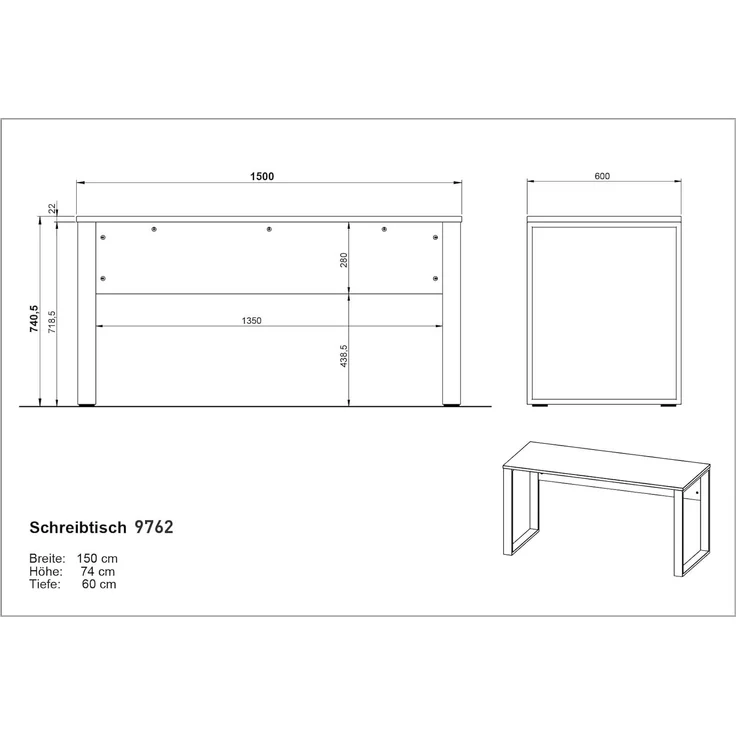 Germania Schreibtisch GW-Rovigo 9762-613, in Graphit/Schwarz, mit Metallfüßen, 150 x 74 x 60 cm – Bild 3