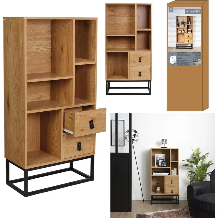 CaliCosy Bücherregal mit 2 Schubladen 5 Ablagen H120 cm - Helles Holz – Bild 4