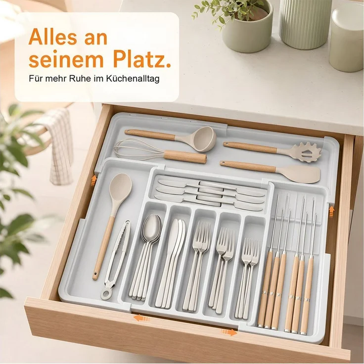 AIMAX Organizer Ausziehbarer Besteckkasten für Schubladen mit Abnehmbar Messerhalter (PP Besteckhalter Besteckeinsatz Schubladeneinsatz Besteckorganizer, 1 St, 9 Fächer, Platzsparend & Erweiterbar 33–36.8 bis 48.2–55.8 cm(Grau), Küchenschubladen Organi... – Bild 4