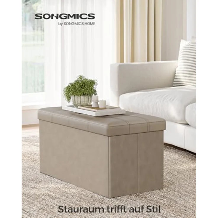 Songmics Sitzhocker Sitztruhe, Sitzbank, Holzwerkstoff, Helltaupe, 76L cm – Bild 5