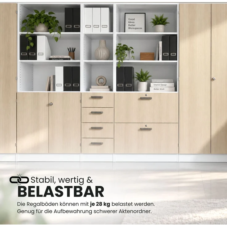 bümö office Aktenschrank abschließbar, 100 cm breit, 5 Ordnerhöhen, Ahorn/Silber - breiter Büroschrank mit Flügeltüren, 4 verstellbaren Fachböden und Sockel, 6910-3-S-SG – Bild 6