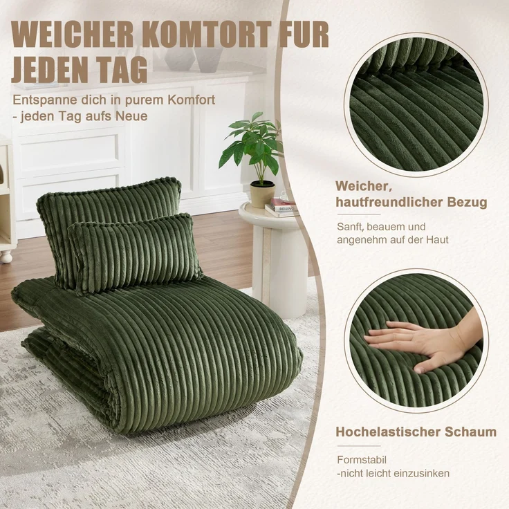 LVHOM Schlafsessel mit Bettfunktion, 227 cm Klappsessel Bodensessel mit Stahlrahmen, klappbarer Relaxsessel inkl. 2 Kissen, bis 150 kg belastbar, Cord Grün – Bild 4