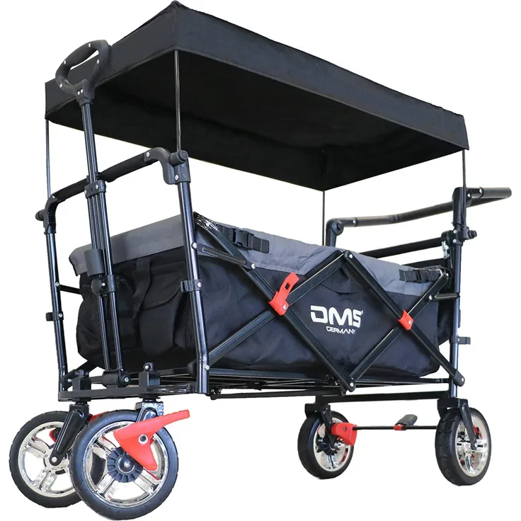 DMS Bollerwagen Faltbar Dach Handwagen Klappbar Strandwagen Gerätewagen Gurt BW-03 - Schwarz