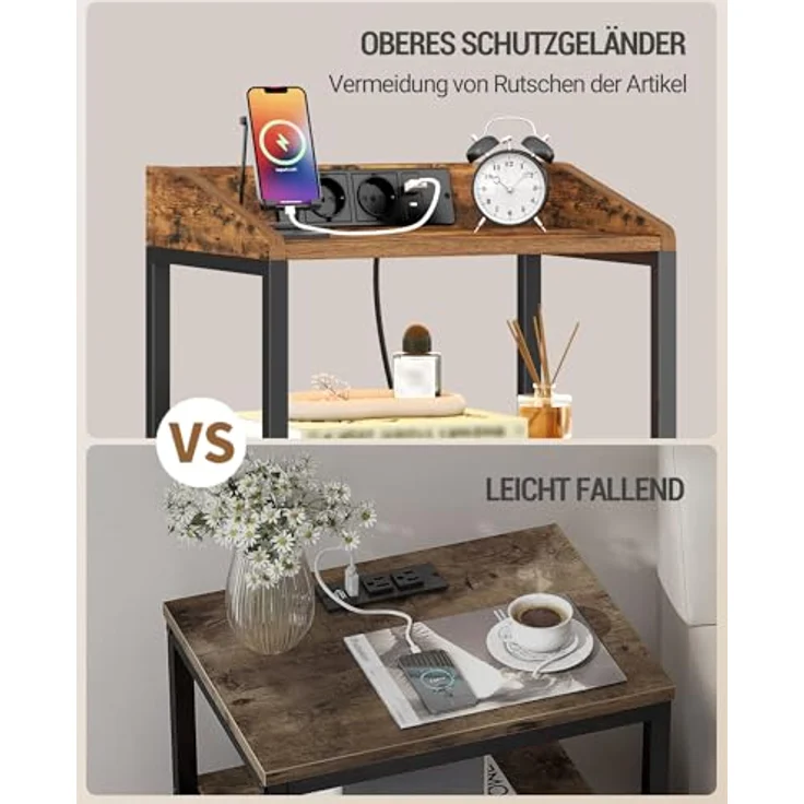 Nachttisch mit LED-Leuchten und ladefunktion, Beistelltisch mit 2 Stoff-Schubladen mit USB-Anschlüssen & Steckdosen, für Schlafzimmer, Wohnzimmer, Vintage Braun-Schwarz – Bild 6