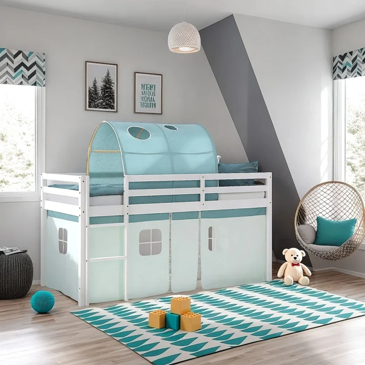 Hochbett Kinder 90x200 cm mit Lattenrost Kinderbett Kinderhochbett Stockbett Tunnel Vorhang Grün Mintgrün Holz Massiv – Bild 2