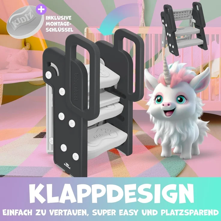 KIDIZ® Tritthocker für Kinder Trittleiter Klappbar mit 3 Stufen | Faltbarer Lern-Turm ab 18 Monaten bis 6 Jahren | Robust | Sicherer & Stabiler Trittschemel | Höhenverstellbar Rutschfest Anthrazit / Grau – Bild 4