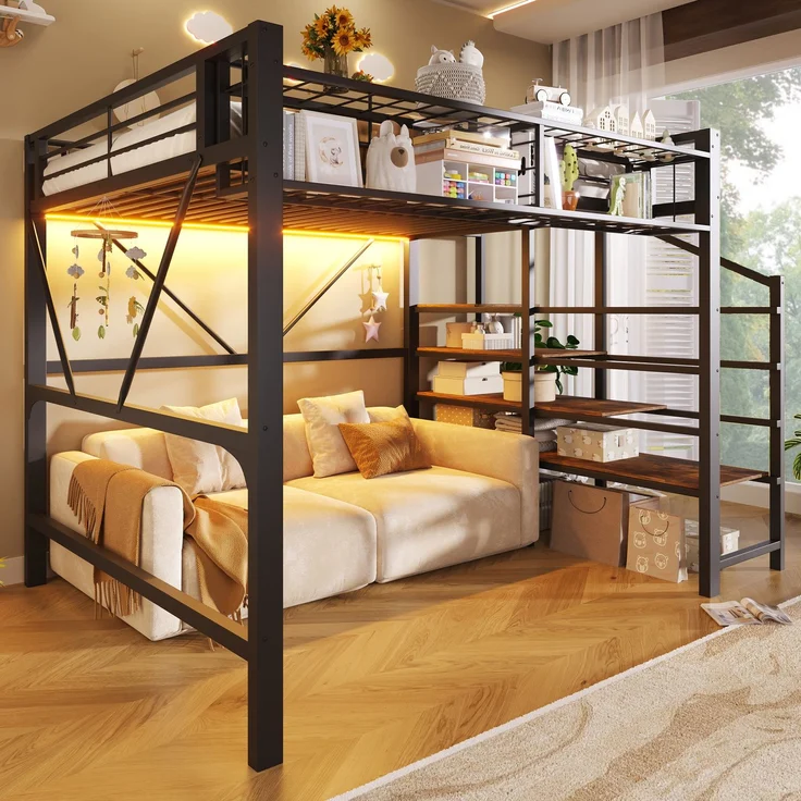 EINHOM Hochbett, 140 x 200 cm, Metallbett, Stufen-Ablageregal, Gitterelemente, Aufbewahrungskorb, Offener Stauraum unter dem Bett, mit LED-Lichtleiste, Schwarz (Ohne Matratze) – Bild 3