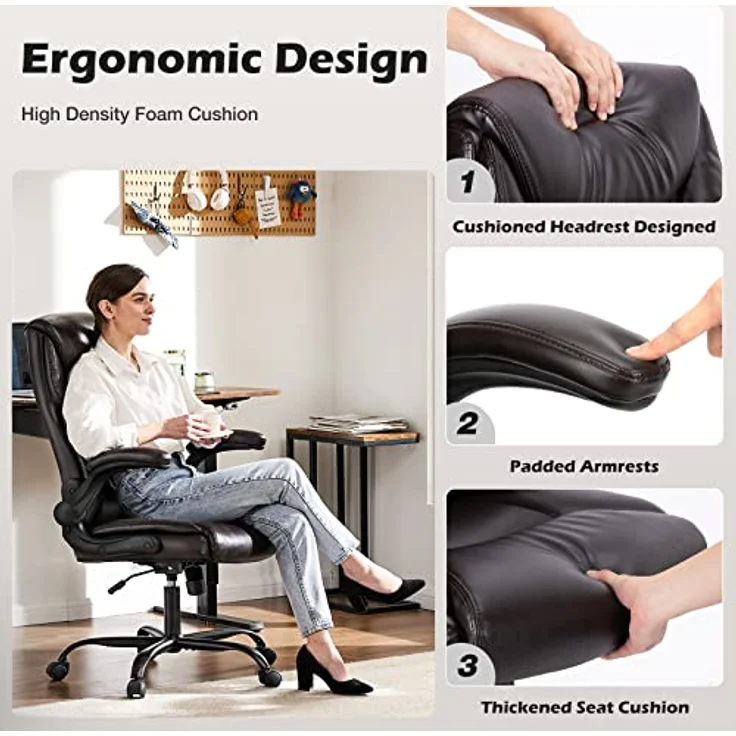 DUMOS JHK Excutive Bürostühle mit Verstellbarer, hochklappbarer Armlehne, ergonomische Lendenwirbelstütze, Starke Metallbasis, PU-Leder, Braun – Bild 5