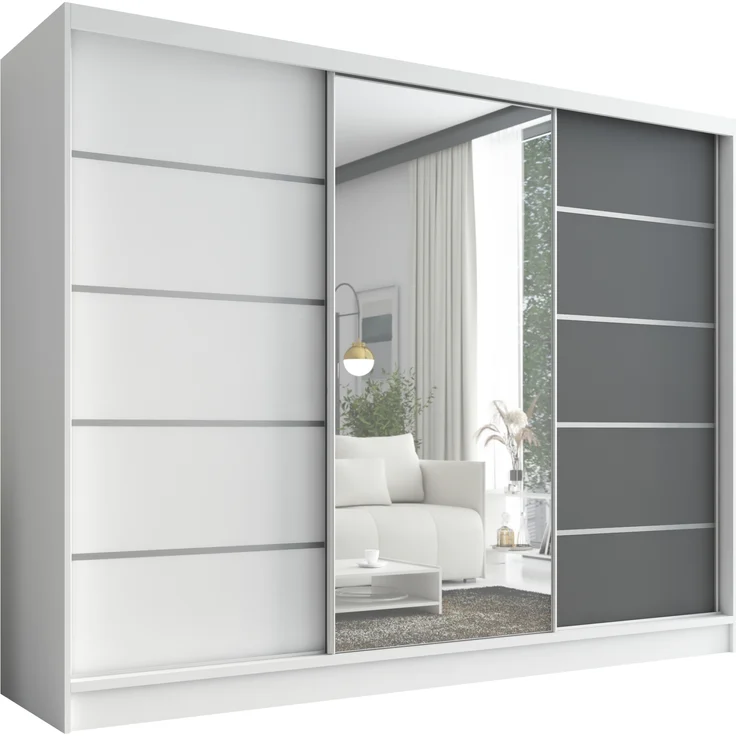 A&J MöbelLand Schwebetürenschrank AURELIA, Weiß, Weiß, Graphit, Leiste: Weiß – Bild 1