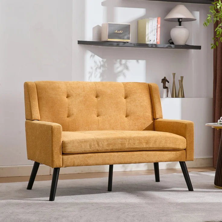 LVHOM 2-Sitzer Sofa aus Leinenstoff mit Knopfsteppung, Loveseat mit hochdichter Schaumstoffpolsterung und Massivholzbeinen, Stoffsofa für Wohnzimmer & Büro, bis 260kg, Gelb – Bild 1