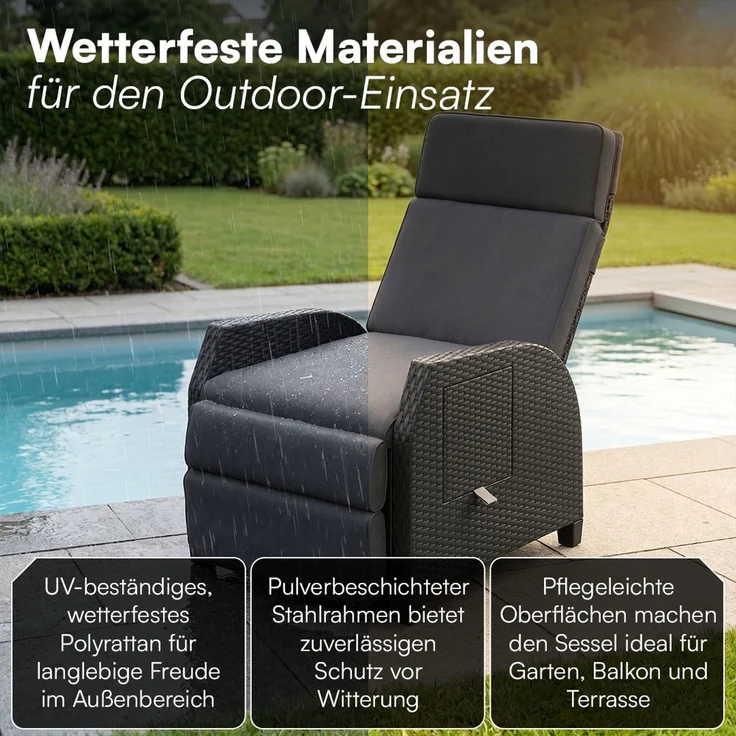 STEELSØN 'Caelum' Polyrattan Sessel mit Liegefunktion, schwarz, verstellbare Rückenlehne, inkl. Polster, Ausklapptisch, wetterfest, 2er Set – Bild 6