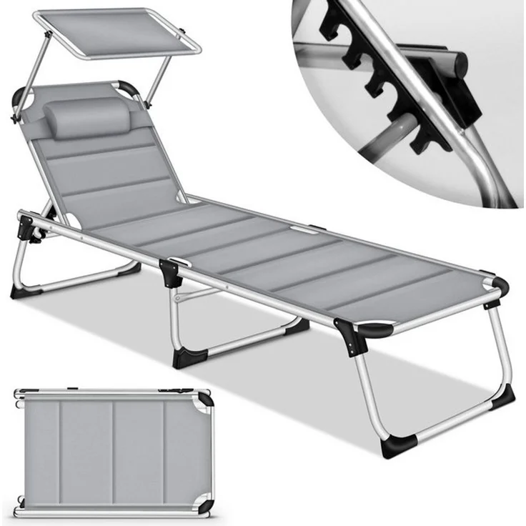 tillvex® Sonnenliege mit Dach und Kopfkissen Grau - Premium Polsterung | Gartenliege Liegestuhl klappbar | Strandliege mit verstellbarer Rückenlehne, gepolsterte Liegefläche | Aluminium Liege – Bild 4