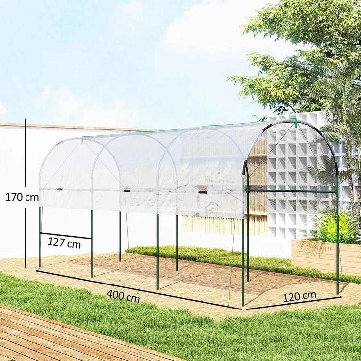 Wohnora-Gartengewächshaus, Tomatengewächshaus, 4 Stahlbögen, PVC-Abdeckung, 4 x 1,2 x 1,7 m, grün,H 1700cm x T 1150cm x B 1200cm,Transparent – Bild 4