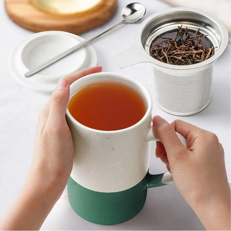 MiaMio Tasse für losen Tee mit Siebeinsatz und Deckel, Dunkelgrün, 2-tlg, Keramik, 500 ml je Tasse – Bild 3