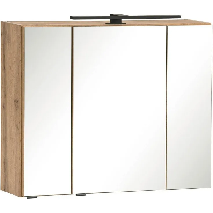 Vito Spiegelschrank KEYTO, 3 Türen, Wotan Eiche Dekor, LED-Beleuchtung, Schalter-Steckdosen-Element, B 80 x H 64 x T 20 cm