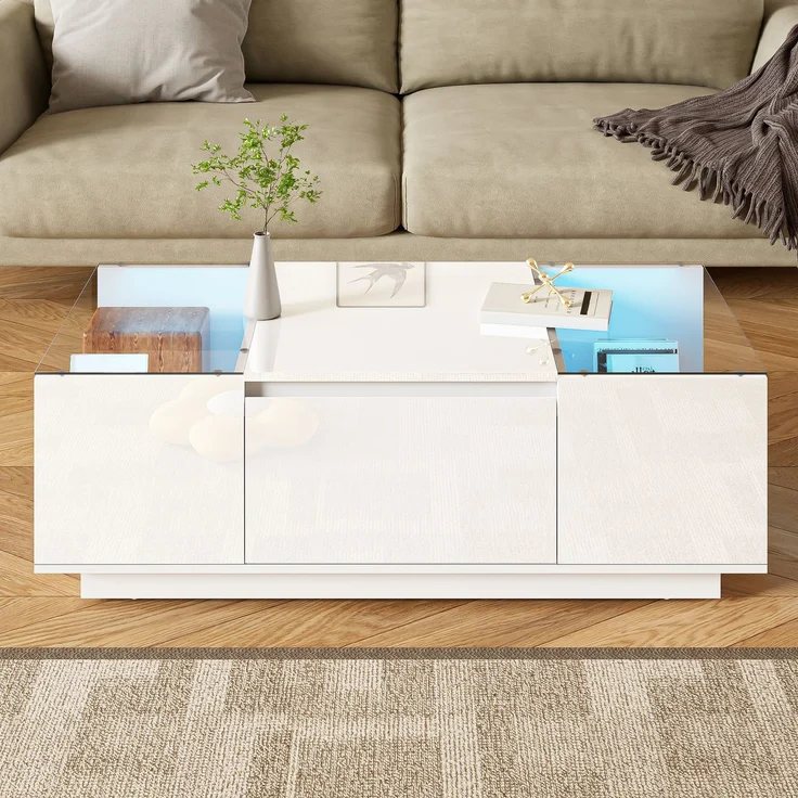 LED-Couchtisch 105×50×35 cm Weiß Hochglanz Tisch mit Glasplatten, LED-Beleuchtung steuerbar via Bluetooth und App – Bild 4