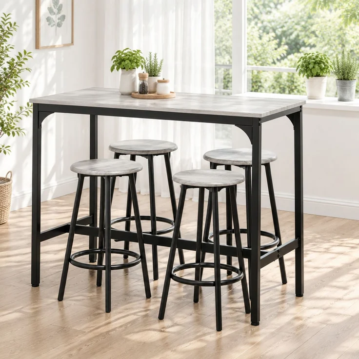 Bartisch-Set 110 x 50 x 89,5 cm mit 4 Barhockern – platzsparend in Grau und Schwarz – Bild 4