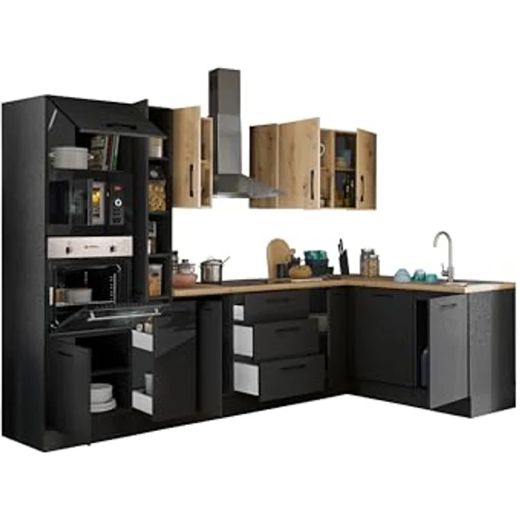 Turin LBM Eckküche 310 x 211 x 60 cm, schwarz - Ohne Küchengeräte - Moderne, geräumige Küche in Artisan-Eiche Optik mit viel Stauraum – Bild 4