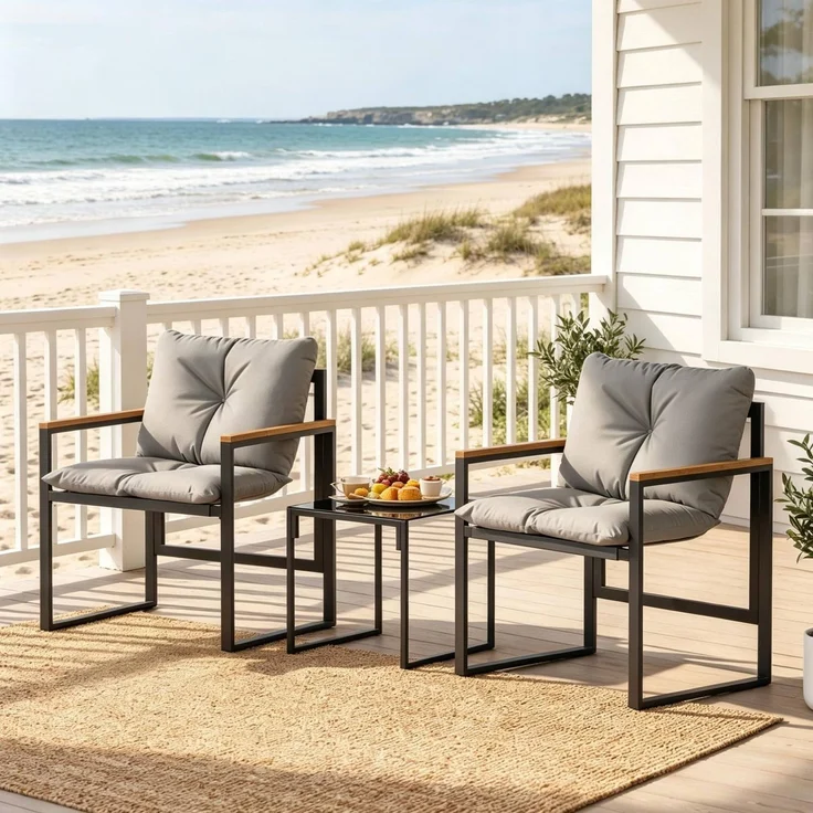 Gartenmöbel-Set mit Textilene-Sitzen und Glastisch, 2 Sessel 64x62x68 cm, Schwarz/Grau – Bild 3