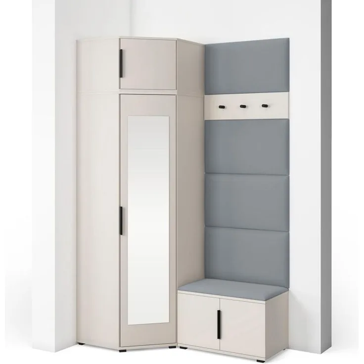 Garderoben-Set Napoli Version 18: Eckschrank mit Polsterpaneelen, Schuhschrank Flur und Eingangsbereich (Cashmere/Trinity 14), 225 x 70 x 140 cm