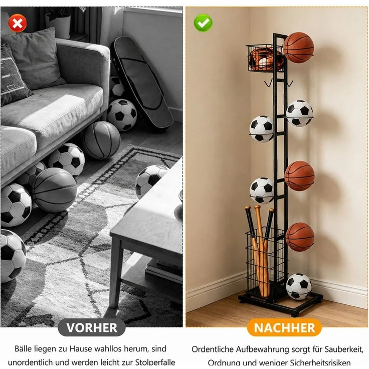 BlingBin Mehrzweckregal Ballständer 155 cm, Sportgerätehalter für 7 Bälle und Schläger, Ballaufbewahrung 1-tlg, Sportgeräte organizer, Basketball Aufbewahrungsregal, Abnehmbare – Bild 4