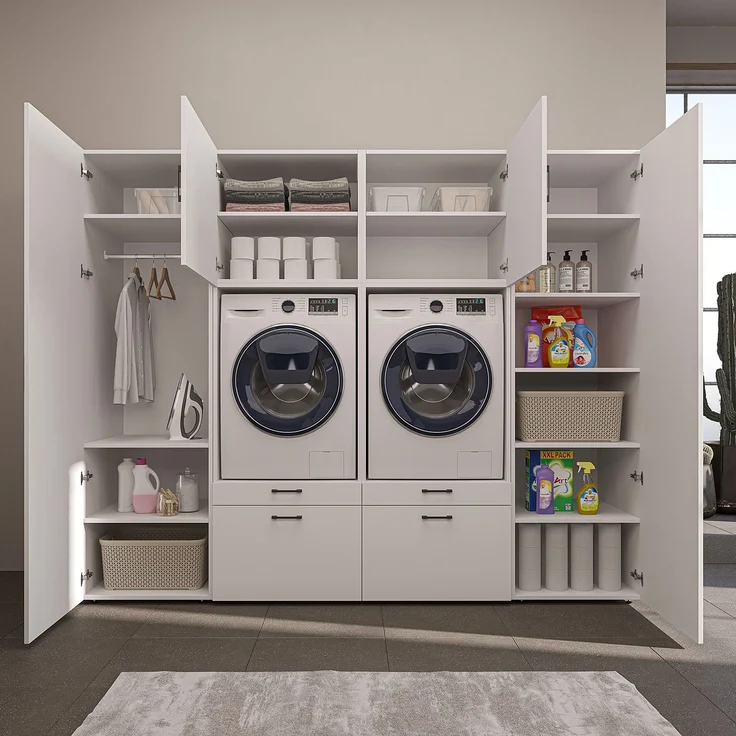 Roomart Waschmaschinenschrank SERIE-III Schrankwand 254 cm – 2 Geräte, Soft-Close | • Weiß – Bild 8
