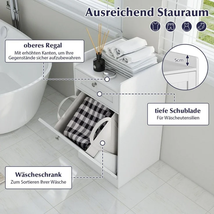 KOMFOTTEU Wäscheschrank Badschrank mit Wäschekorb, Wäschesack & Regal – Bild 2