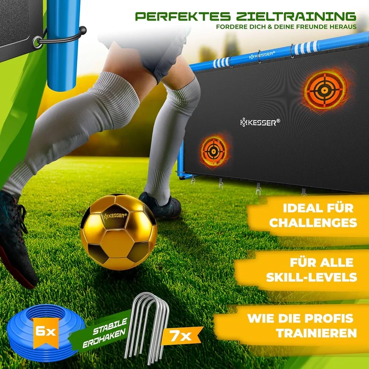 KESSER® Fußballtor für Garten, Schusstraining, UV-beständiges Netz, Stahlrahmen mit Polsterung, Erdhaken, Luftpumpe, Hüttchen, Montagezubehör, für Kinder und Erwachsene, Blau, 240 cm, mit Torwand – Bild 6