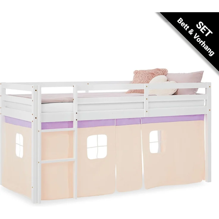Hochbett Kinder 90x200 cm Kinderbett Kinderhochbett Stockbett Vorhang Lila Peach Leiter Holz Massiv – Bild 1