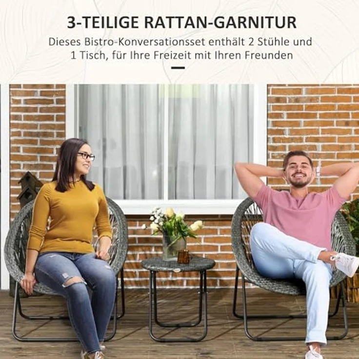 Outsunny Sitzgruppe Klappbar Sitzgarnitur mit Couchtisch 2 Stühlen, (Balkonmöbel, 3-tlg, Gartensitzgruppe), für Balkon, Terrasse, Grau – Bild 4