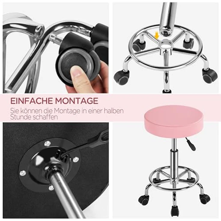 Yaheetech Rollhocker Höhenverstellbar 50,5–65 cm Sitzhöhe Drehhocker 360° Drehbar mit Polster Bürohocker bis 120 kg Arbeitshocker mit Rollen Hocker Rosa – Bild 8