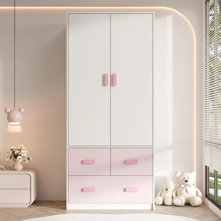 MODFU Kleiderschrank Rosafarbener Kinderschrank 80x48x180 cm mit weißen Akzenten (Packung, 1-St, Inkl. Kleiderstange & 3 Schubladen, pflegeleicht) Ideal als Schlafzimmerschrank für Mädchen & Jugendliche – Bild 3
