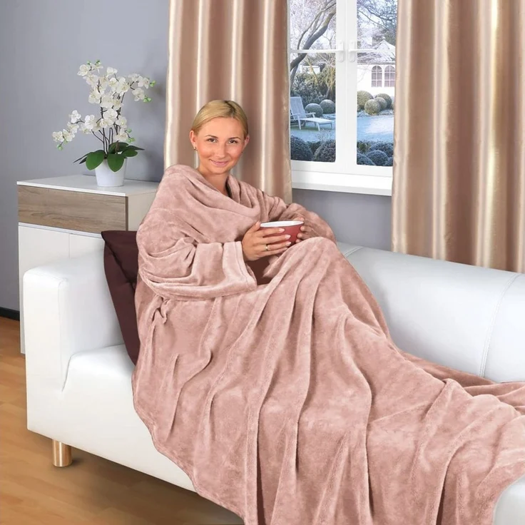 Wohndecke flauschige, tragbare Kuscheldecke mit Ärmeln ohne Fußtasche, Gräfenstayn, warme Ärmeldecke - TV Decke zum Anziehen - 200x150 cm rosa – Bild 1