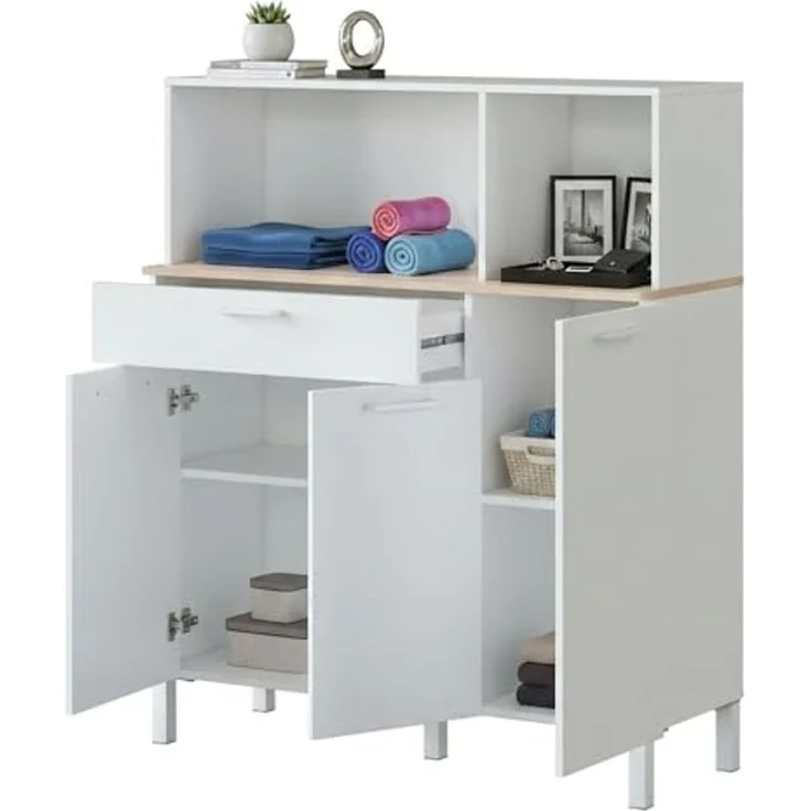 Dmora - Kommode Norfolk, zusätzlicher Küchenschrank, Sideboard mit 3 Türen und 1 Schublade mit Regalen, offener Kleiderschrank, 108 x 40 x 126 cm, Weiß und Eiche – Bild 3
